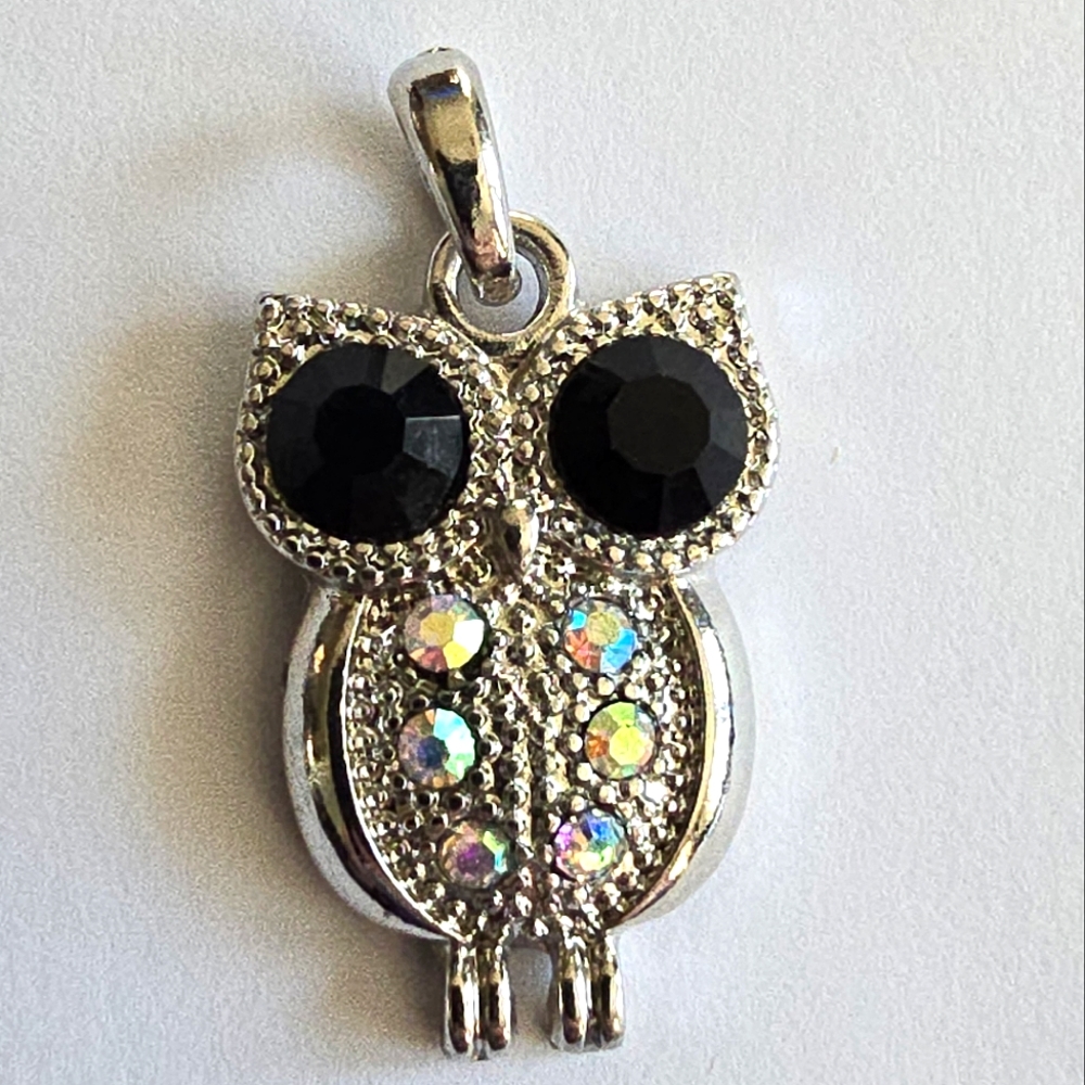 Owl pendant bird charm aurora borealis ab silver tone
